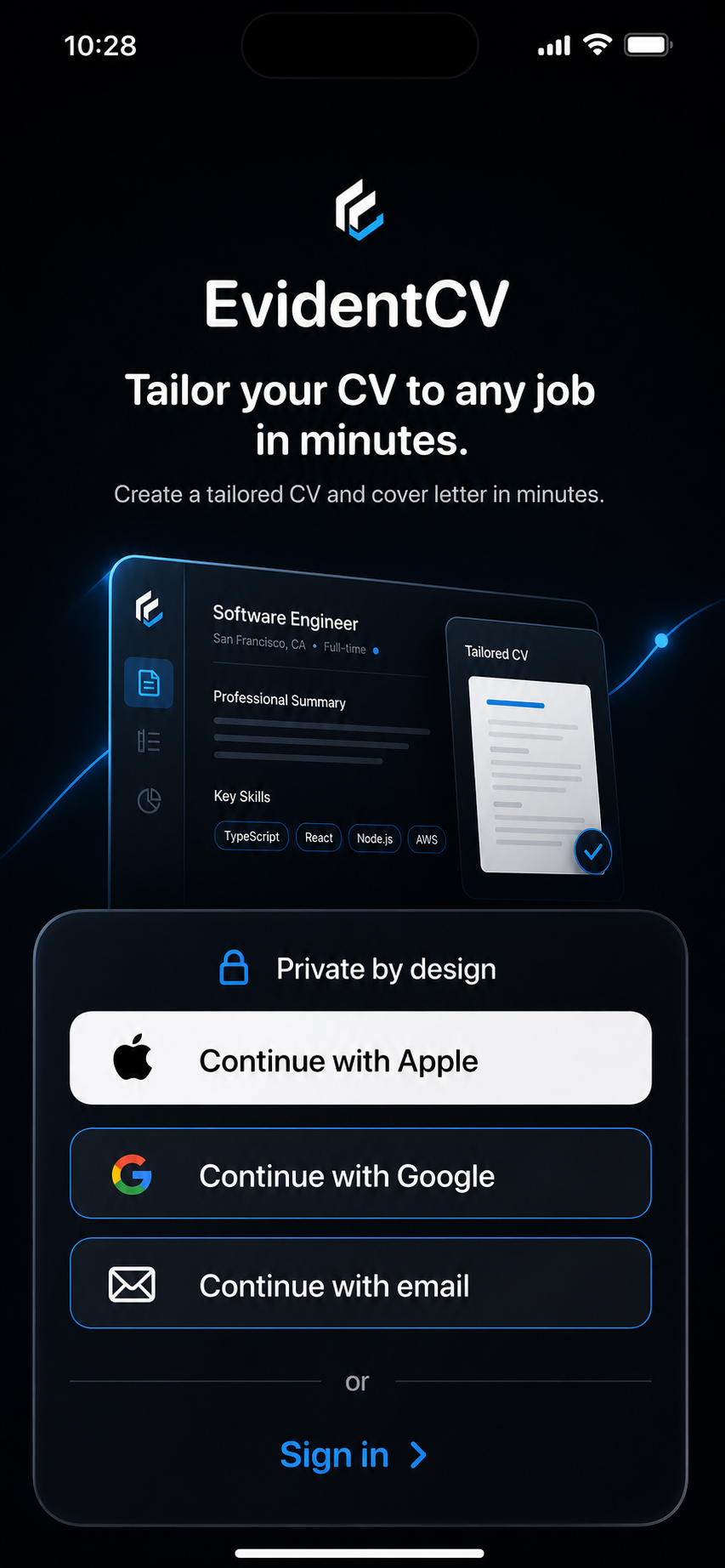 EvidentCV AI iPhone login screen
